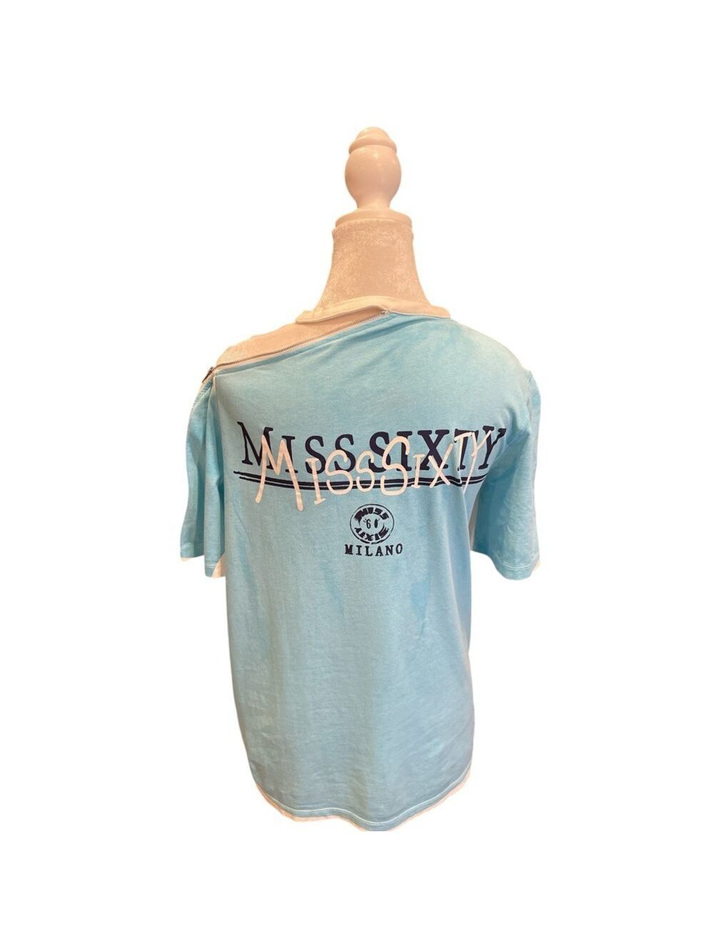 MISS SIXTY Milano Moto Zip Shoulder Y2K Graphic Tee Italian Top S/M